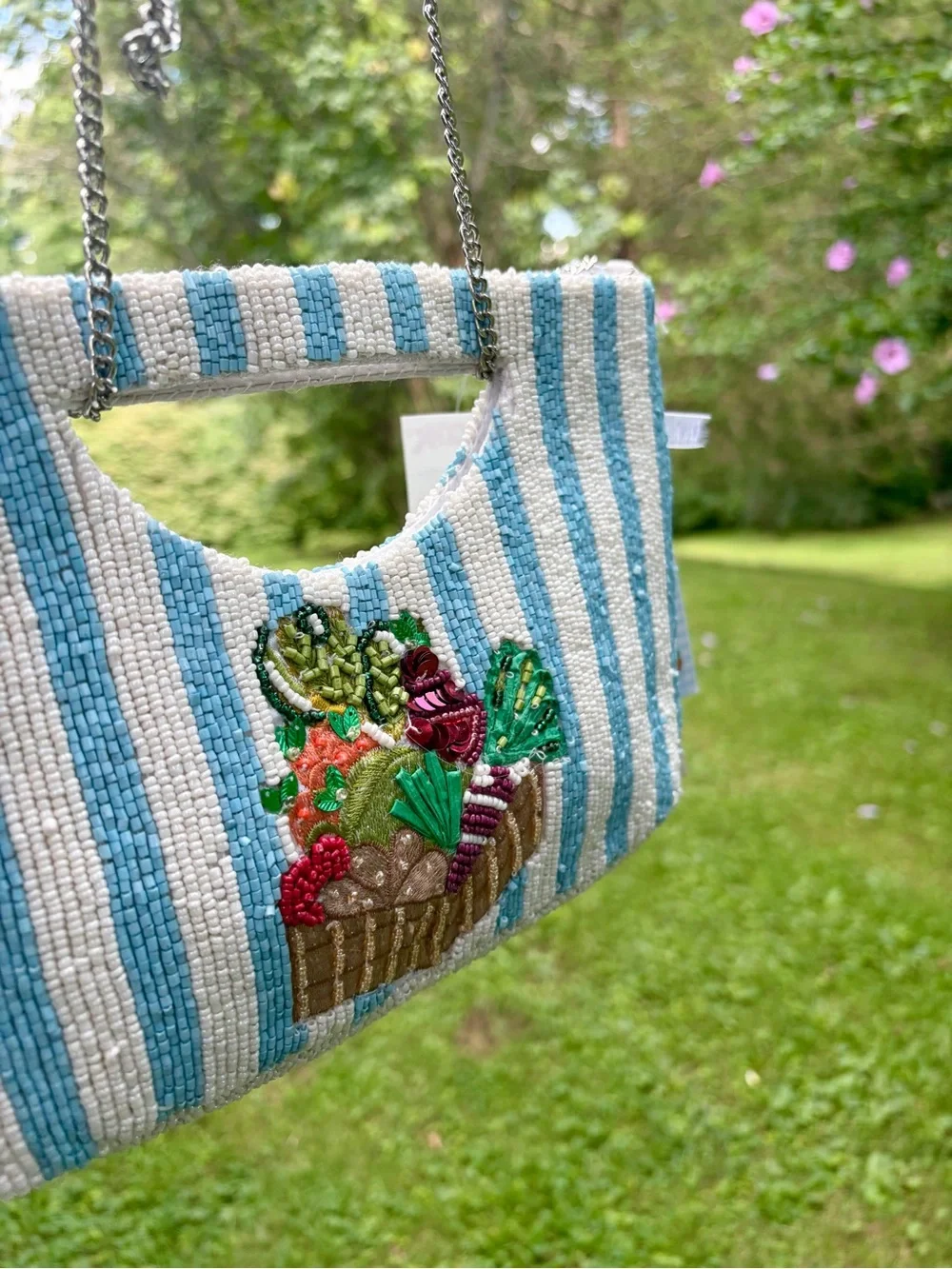 Brand NWT Viral Blue and White Striped Vegetable Beaded Bag!